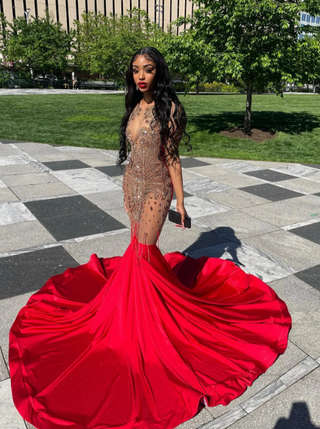 Exquisite Red Sequin Evening Gown with Back Cutouts and Dramatic Train