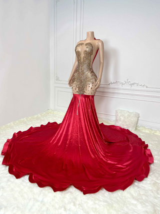 Exquisite Red Sequin Evening Gown with Back Cutouts and Dramatic Train