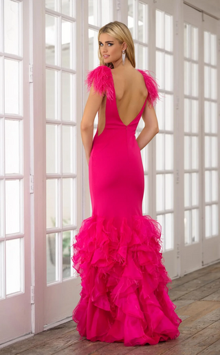 Vibrant Feather-Shoulder Gown with Layered Ruffle Skirt