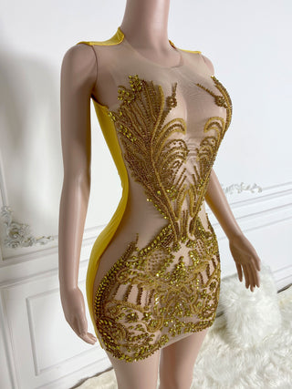 Sheer Illusion Mini Dress with Intricate Beadwork and High Neckline