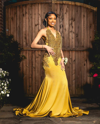 Golden Glamour Halter Gown with Intricate Embellishments