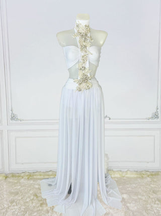 Ethereal Strapless Chiffon Gown with Embellished Appliqué and Sheer Overlay