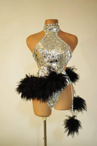 Bold Silver Sequin and Neon Feather Halter Dress