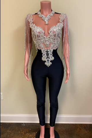 Glamorous Embellished Bodysuit with Draped Bead Details and Sleek Pants