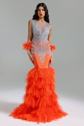 Dazzling Mermaid Gown with Crystal Embellishments and Ruffled Tulle Train