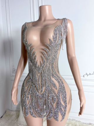 Crystal-Embroidered Sheer Mini Dress with Draped Chain Details