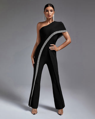 Ships in 1 to 3 Days - One-Shoulder Jumpsuit with Geometric Trim