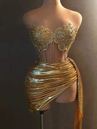 Glamorous Gold Embellished Strapless Draped Dress