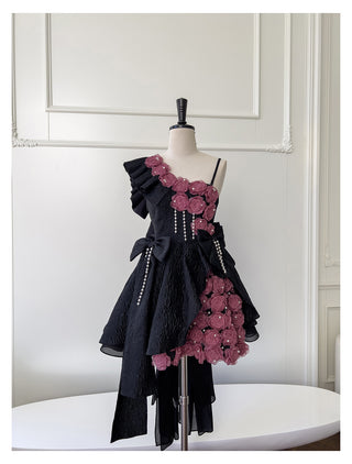 Elegant Asymmetrical Floral Applique Dress with Dramatic Bow and Ruffled Details