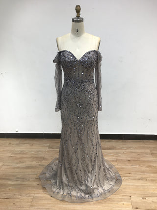 Silver Stunning Beaded Mermaid Dress - Sexy Sweetheart Neck with Boning and Off-Shoulder Sleeves for Formal Occasions