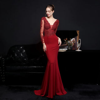 Champagne V-Neck Floor-Length Evening Dress with Mermaid Skirt for Women