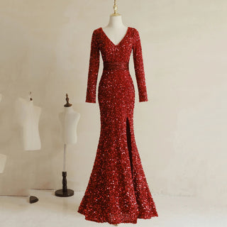 V-Neck Sequin Trumpet Evening Dress with Long Sleeves - Mermaid Formal Gown for Women