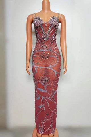 Elegant Sheer Illusion Crystal Embellished Evening Gown with Spaghetti Straps