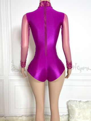 Ships in 1 to 3 Days -Vibrant Sheer High-Neck Beaded Bodysuit with Long Sleeves