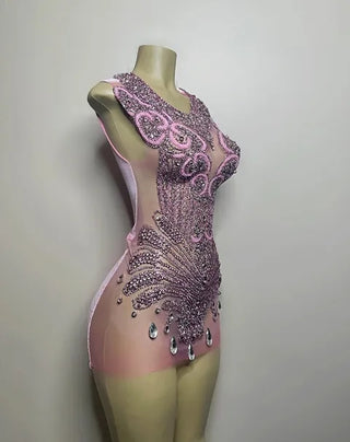 Elegant Sheer Pink Mini Dress with Intricate Crystal Embellishments