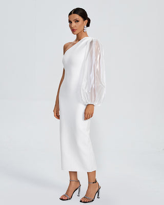 Ships in 1 to 3 Days - One-Shoulder Gown with Sheer Balloon Sleeve