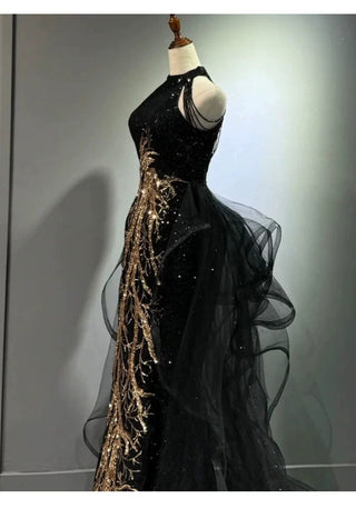 Black Gown with Gold Embroidery and Tulle Overlay