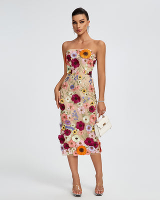 Ships in 1 to 3 Days - Strapless Sheer Midi Dress with Intricate Floral Embroidery