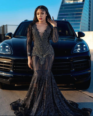 Elegant Black Sequined Mermaid Gown with Sheer Long Sleeves