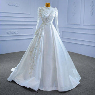 Luxury White Long Sleeve High Neck Lace Pearls Sequins Wedding Dress