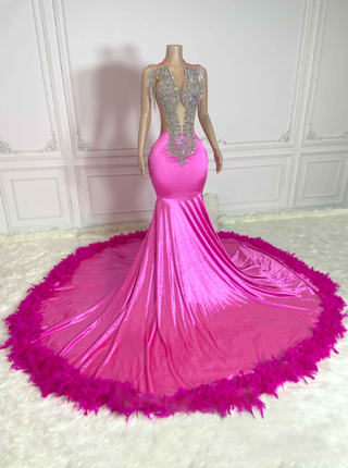 Glamorous Pink Satin Evening Gown with Feathered Train and Crystal Embellishments