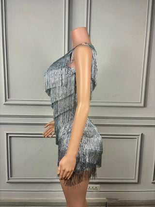 Dazzling One-Shoulder Silver Fringe Mini Dress