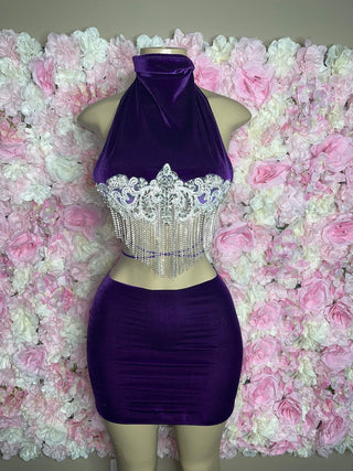 Luxurious Purple Velvet Halter Dress with Rhinestone Fringe and Open Back