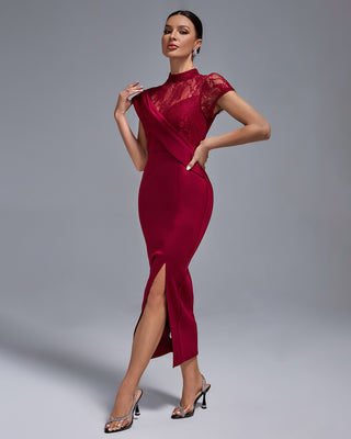 Ships in 1 to 3 Days - Sophisticated High-Neck Lace and Draped Evening Gown