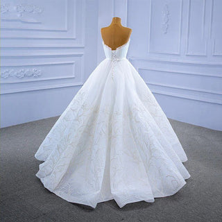 White Lace Plunging Neckline Ball Gown Wedding Dress