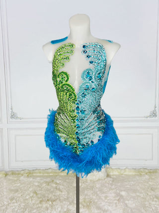 Vibrant Feathered Sequin Mini Dress with Bold Cut-Out Design