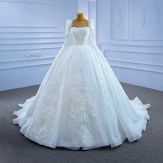 White Elegant Long Sleeve Square Neck Open Back Lace Wedding Dress