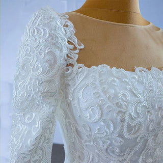 White Elegant Long Sleeve Square Neck Open Back Lace Wedding Dress