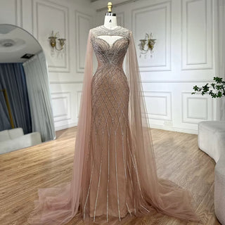 Arabic Nude Cape Sleeves Beaded Saudi Evening Gown – 2025 Customized Elegance