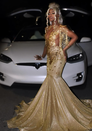 Golden Sequin Mermaid Gown with Fringe Sleeves and Deep V-Neckline