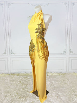 Dazzling Halter Neck Gown with Golden Appliques and Elegant Beadwork