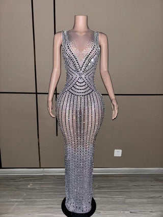 Radiant Silver Rhinestone Mesh Evening Gown