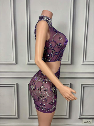 Opulent Crystal Embellished High-Neck Cut-Out Mini Dress