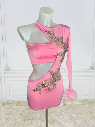 Glamorous Asymmetric Cut-Out Mini Dress with Embellished Appliqué and Feather Detail