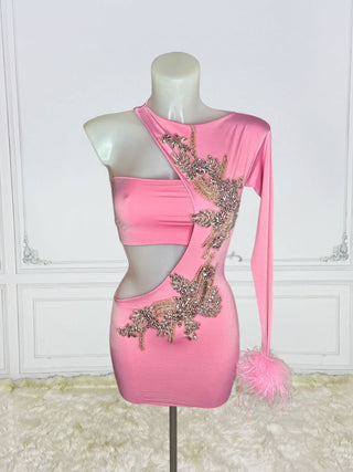 Glamorous Asymmetric Cut-Out Mini Dress with Embellished Appliqué and Feather Detail