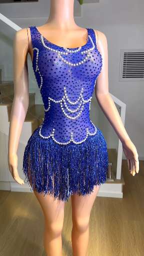 Glamorous Royal Blue Sequin and Pearl Embellished Fringe Mini Dress