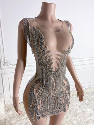 Crystal-Embroidered Sheer Mini Dress with Draped Chain Details