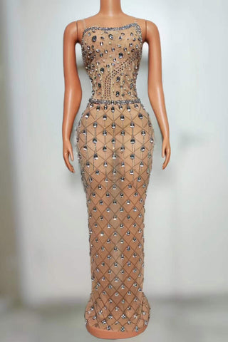 Luxury Sheer Crystal Mesh Gown with Intricate Rhinestone Detailing