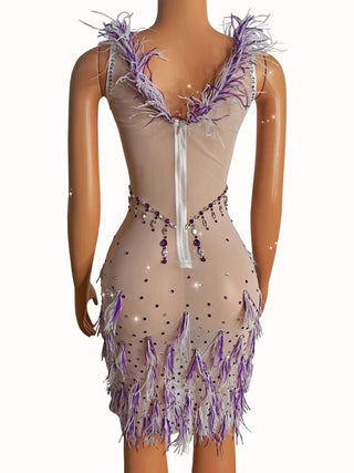 Elegant Lavender Feather and Sequin Embellished Sheer Mini Dress