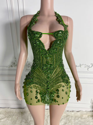 Exquisite Beaded Halter Mini Dress with Intricate Detailing