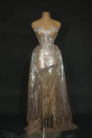 Glittering Strapless Corset Gown with Sheer Skirt and Crystal Embellishments