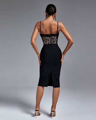 Ships in 1 to 3 Days - Elegant Lace-Embroidered Midi Dress with Floral Detail and Spaghetti Straps