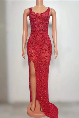 Glittering Sequin High-Slit Gown with Square Neckline