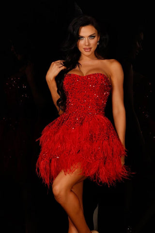 Ships in 2 to 5 Days - Strapless Sequin and Feather Embellished Mini Dress