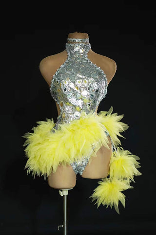 Bold Silver Sequin and Neon Feather Halter Dress