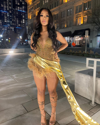 Golden Embellished Mini Dress with Feather Accents and Metallic Train